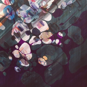 Abstract acrylic painting with dark blue, purple and other colors cascading down in circular forms across a background with a diagonal orientation.